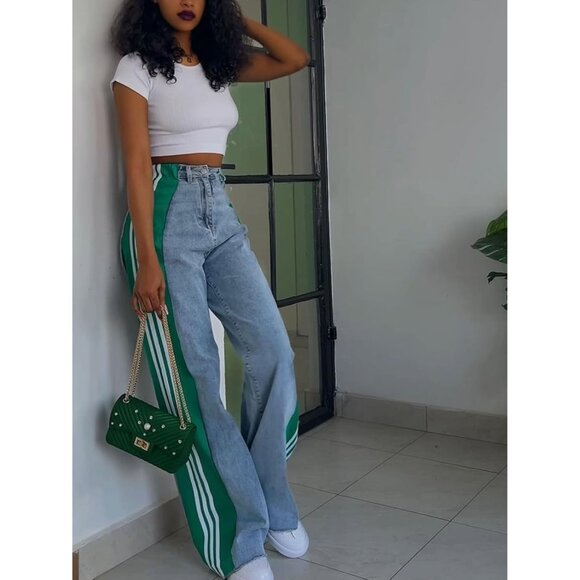 Womens Wide Leg Jeans Stretchy High Waist Patchwork Side Stripes Casual - Picture 6 of 7